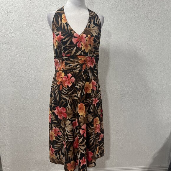 AB Studio Tropical Summer Halter Dress, Size 14 Babydoll Flared Summer Stretch - Picture 1 of 14